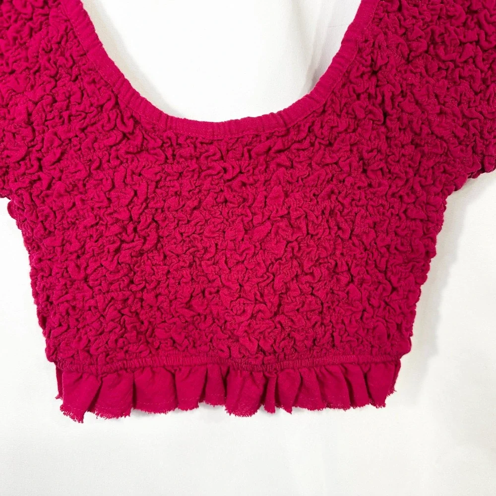 Free People XS Crop Top Cropped Smocked Raspberry Hot Pink Short Sleeve Y2K 1479